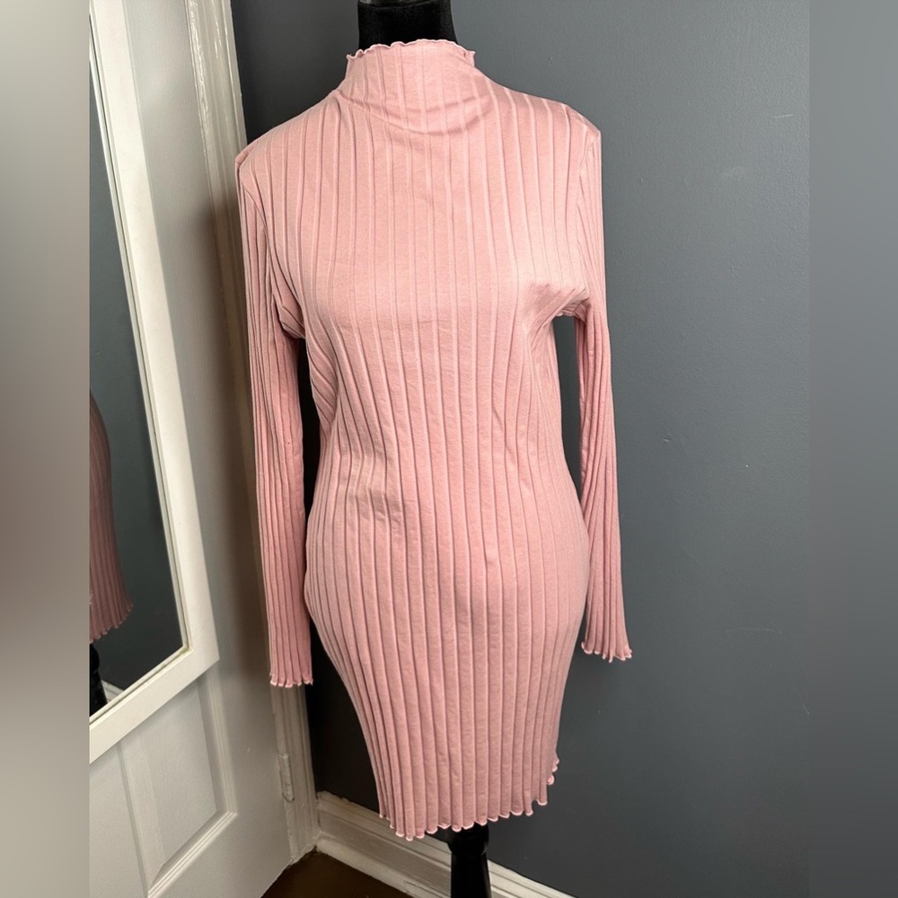 Pink high neck ribbed dress